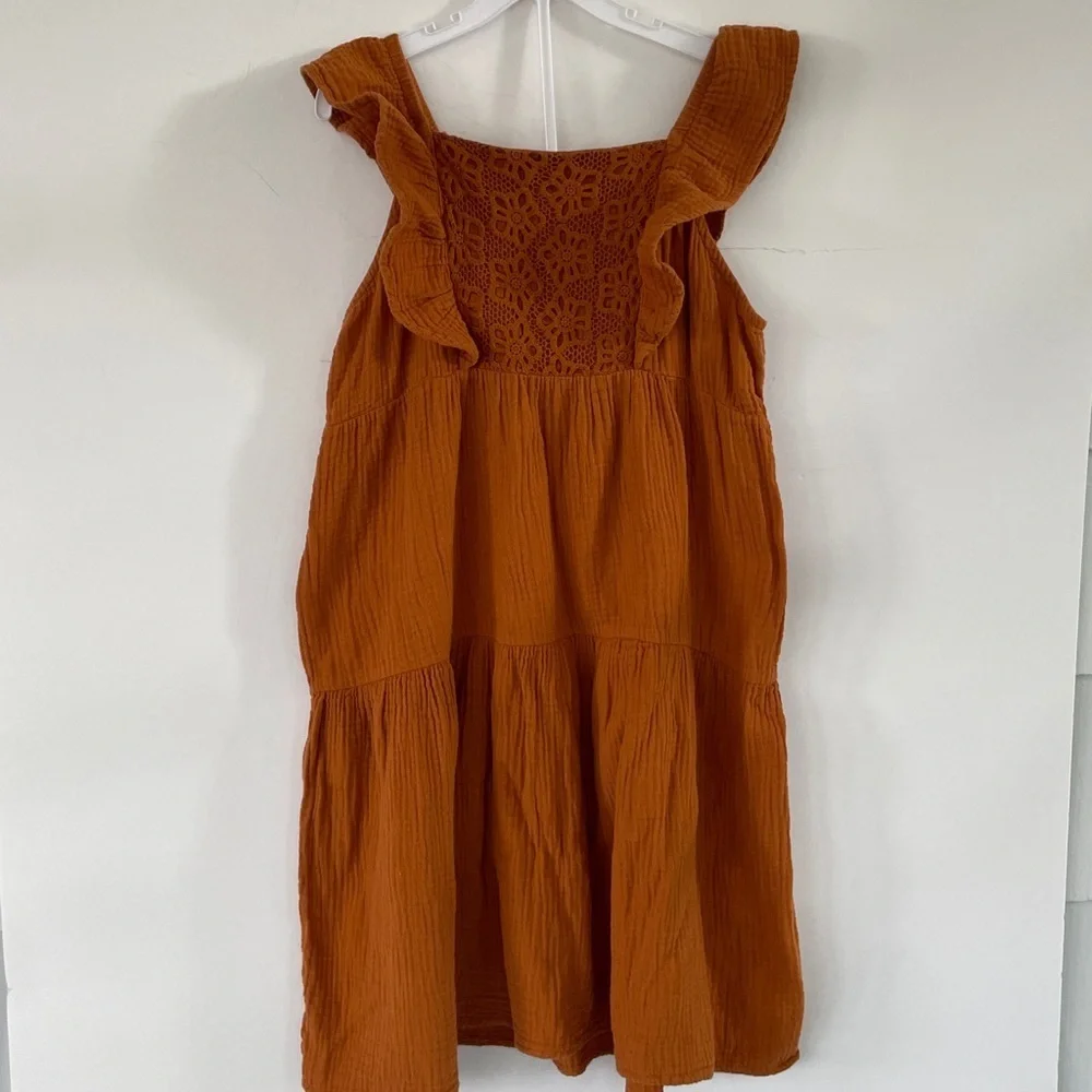Wonder Nation Girls Terracotta Cotton Dress Ruffles and Crochet Details XL 14/16